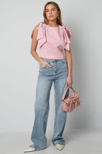 Polyester Women's Short Sleeve Top Ruffle Shoulder Design