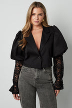 Cotton Blend Women's Blazer Puff Sleeve Lace Insert