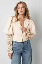 Cotton Blend Women's Blazer Puff Sleeve Lace Insert