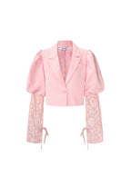 Cotton Blend Women's Blazer Puff Sleeve Lace Insert