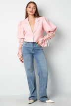 Cotton Blend Women's Blazer Puff Sleeve Lace Insert